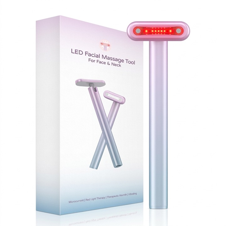 Aparat pentru intretinere si ingrijire faciala 4 in 1, terapie anti imbatranire, lifting facial, tratament anti rid, lumina LED, curenti EMS, masaj cu vibratii sonice, wireless, reincarcabil, roz, QuTek