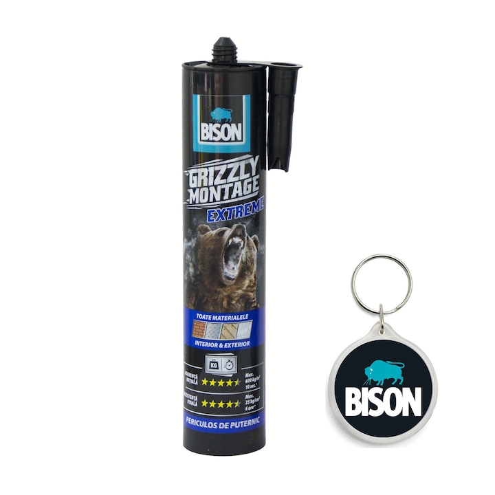 Set adeziv Grizzly Montage Power de asamblare si montaj, universal 435 g si breloc Bison, alb