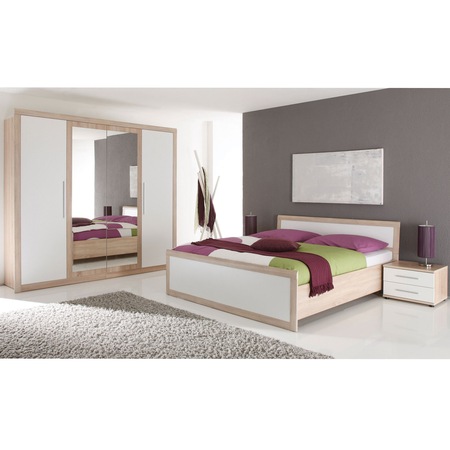 Dormitor Belinda Black Red White, Pat 160 x 200 cu suport de saltea, Stejar Sonoma / Alb