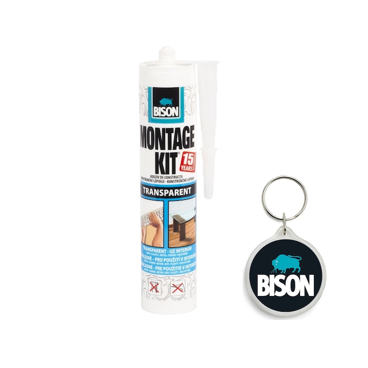 Set adeziv Montage Kit, de asamblare si montaj, 310 g si breloc Bison, transparent