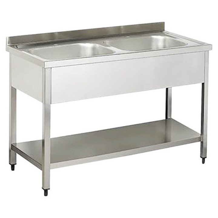 Spalator cu Polita si Doua Cuve, fara Picurator, 140x70x85 cm, Cuva 50x50x30 cm, Inox