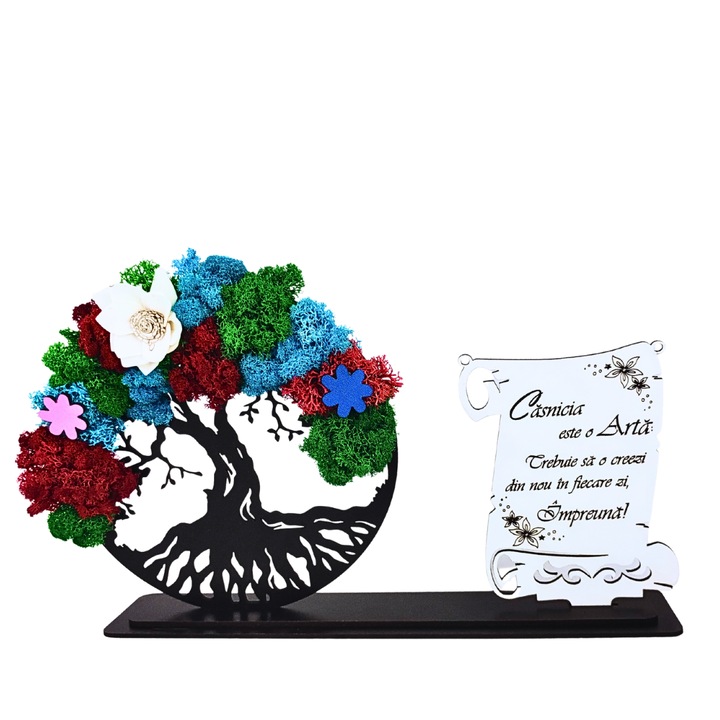 Tablou cu licheni stabilizati personalizat, cadau pentru casatorie, nunta, cununie, miri, nasi, fini, cu mesaj standard gravat laser "Casatoria este o arta!", decorat cu flori decorative, 30x18cm, model 1, negru