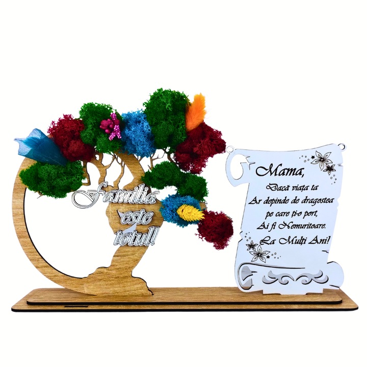 Tablou cu licheni stabilizati personalizat pentru mama, cu mesaj standard gravat laser "La multi ani!", cadou pentru mama, decorat cu flori decorative, 30x18cm, model 1, maro