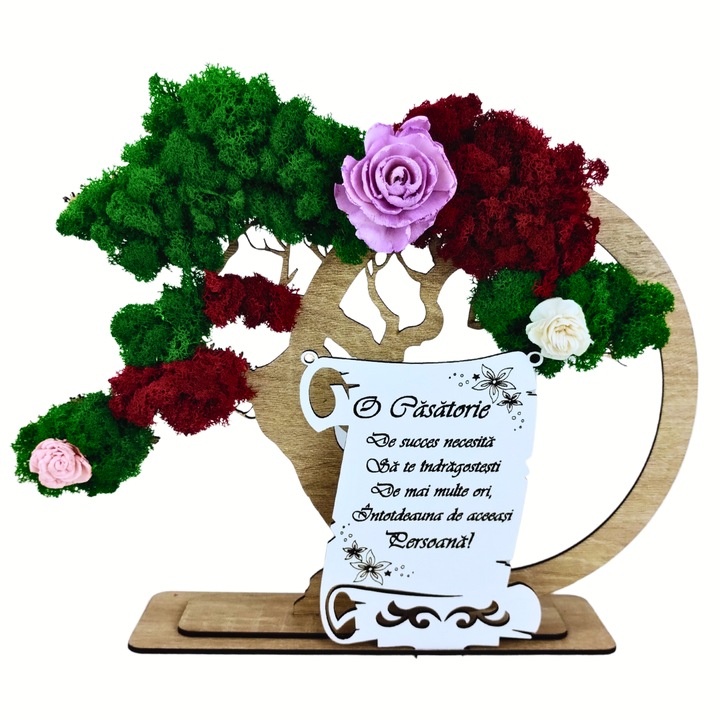 Tablou Bonsai cu licheni stabilizati naturali personalizat, cadou pentru casatorie, nunta, cununie, fini, nasi, familie, cu mesaj standard gravat laser "O casatorie de succes...", decorat cu flori decorative, 30x24cm, model 1, maro