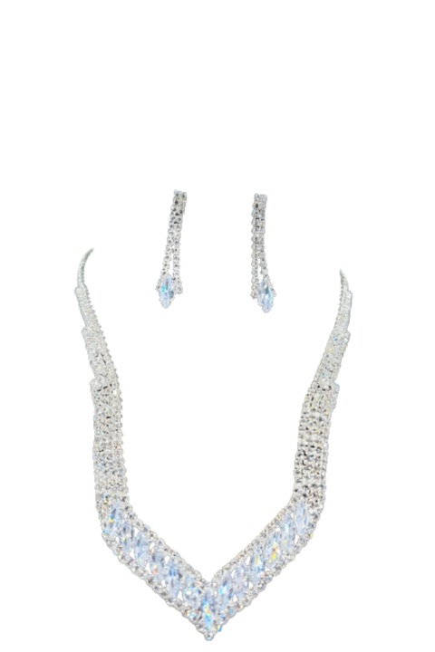 Colier si cercei Elegance, Fashion Jewelry, Argintiu, Pietre albe
