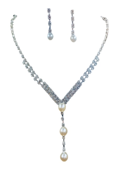 Colier si cercei Pearl, Fashion Jewelry, Argintiu, Pietre albe