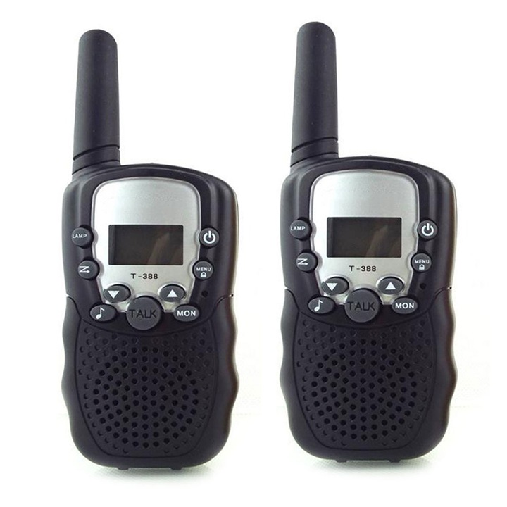 Retoo T-388 hordozható rádióállomás készlet, walkie-talkie gyerekeknek, 2 db, 8 csatornás, működési távolság 3km, Fekete