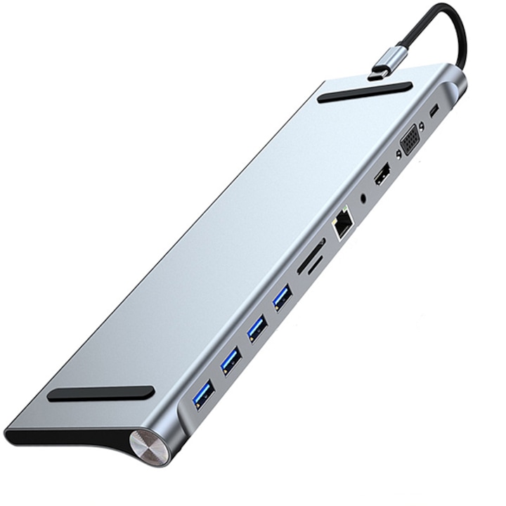 Adaptor HUB 11 in 1 Tip Suport de Laptop cu Mufa USB-C, 3 x USB 2.0, 1 x USB 3.0, 1 SD/TF Microcard, Mufa Ethernet, Mufa Jack 3.5mm, HDMI 4k/30HZ, VGA 1080P, PD 100W