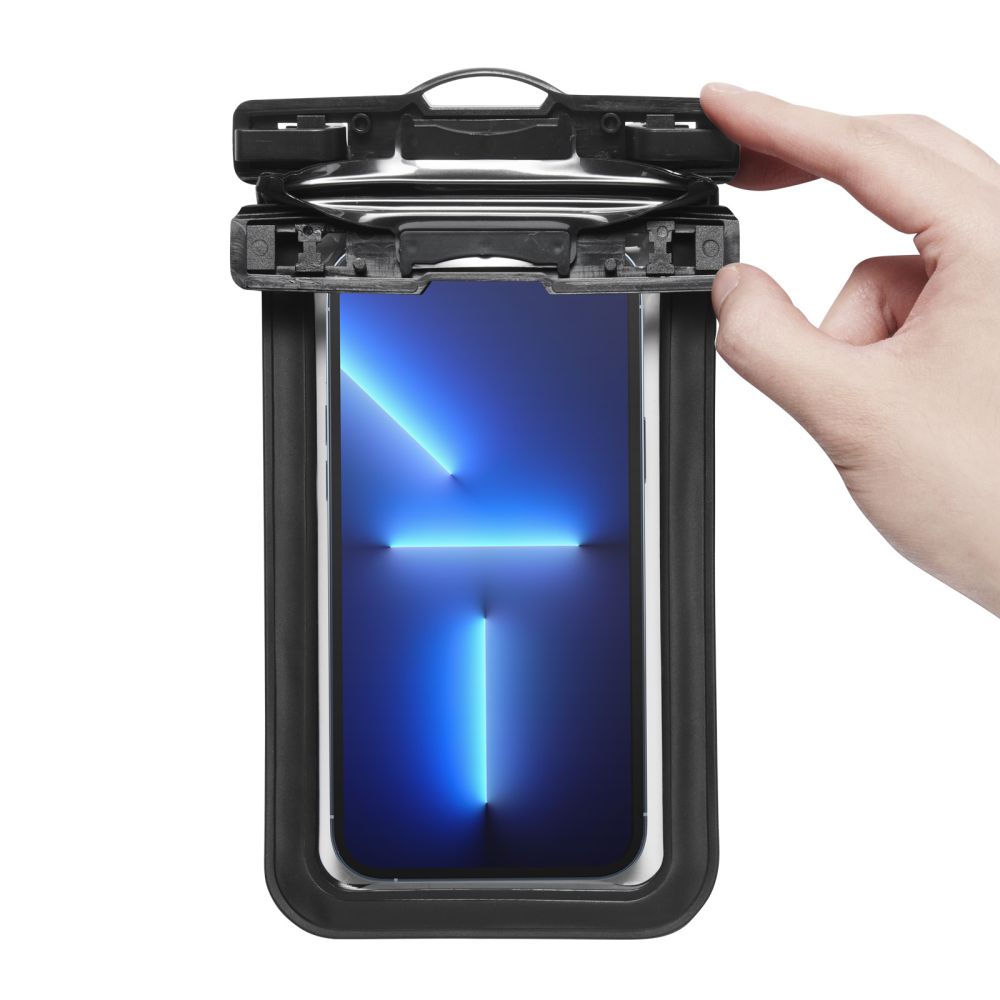 Etui wodoszczelne Spigen A601, negru, pentru smartphone-uri pana la 6,9", cu snur reglabil