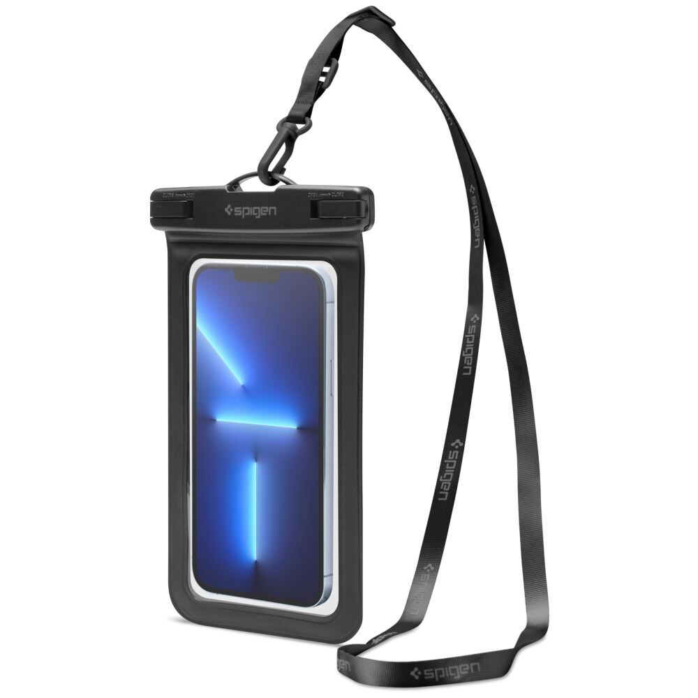 Etui wodoszczelne Spigen A601, negru, pentru smartphone-uri pana la 6,9", cu snur reglabil