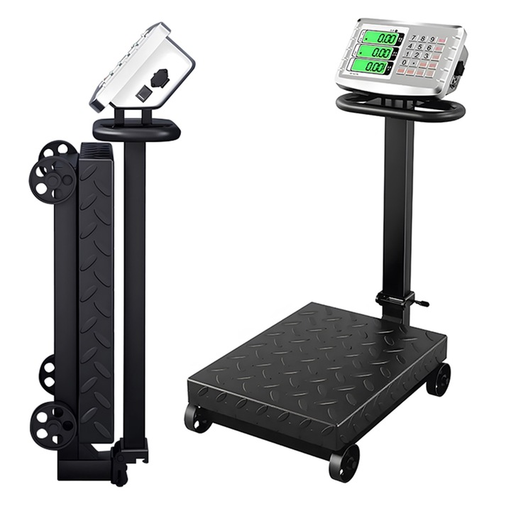 Cantar platforma cu roti pentru 1000 kg, tarare cantarului numararea produselor pe cantar cantar cu preturi cantar cu ecran iluminat cantar cu oprire automata Cantar platforma industrial cu roti, cantar solid pana la 1000 kg HDWR wagPRO-P1000W