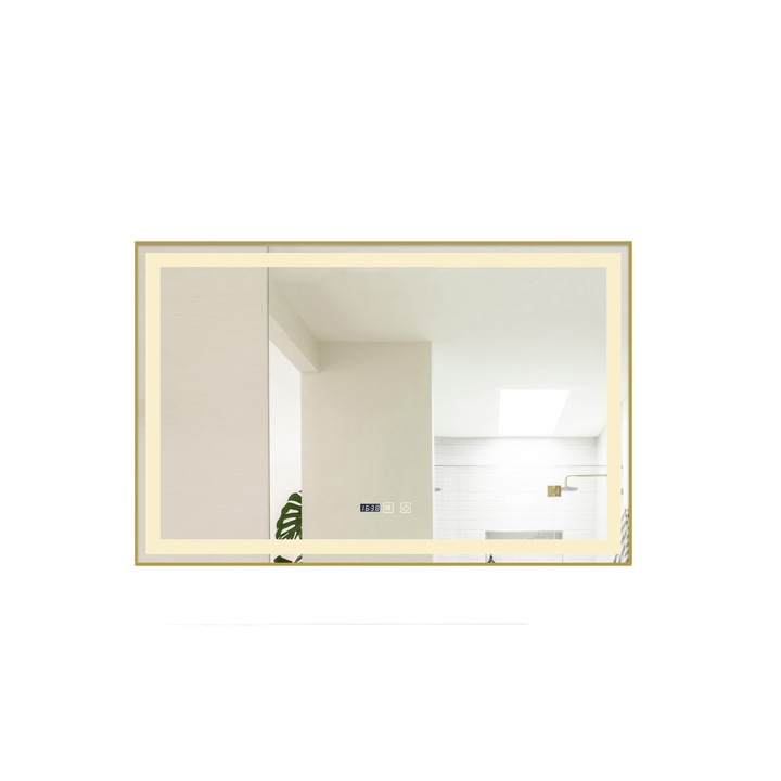 Oglinda Baie LED si Dezaburire Elit's Premium cu Senzor Touch, Lumina Rece, Calda si Neutra, 100x65cm, cu rama Bronz Antichizat, Ceas