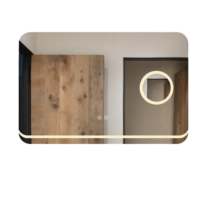 Oglinda Baie LED si Dezaburire Elit's Premium cu Senzor Touch, Lumina Rece, Calda si Neutra, 90x65cm, Lupa Cosmetica