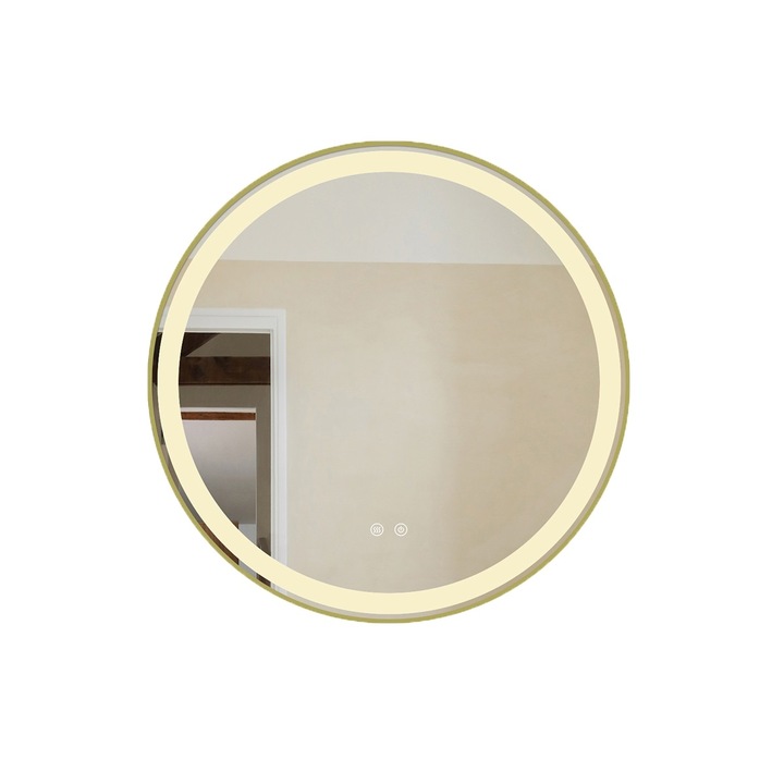 Oglinda Baie LED si Dezaburire Elit's Premium cu Senzor Touch, Lumina Rece, Calda si Neutra, 70cm, rama Gold