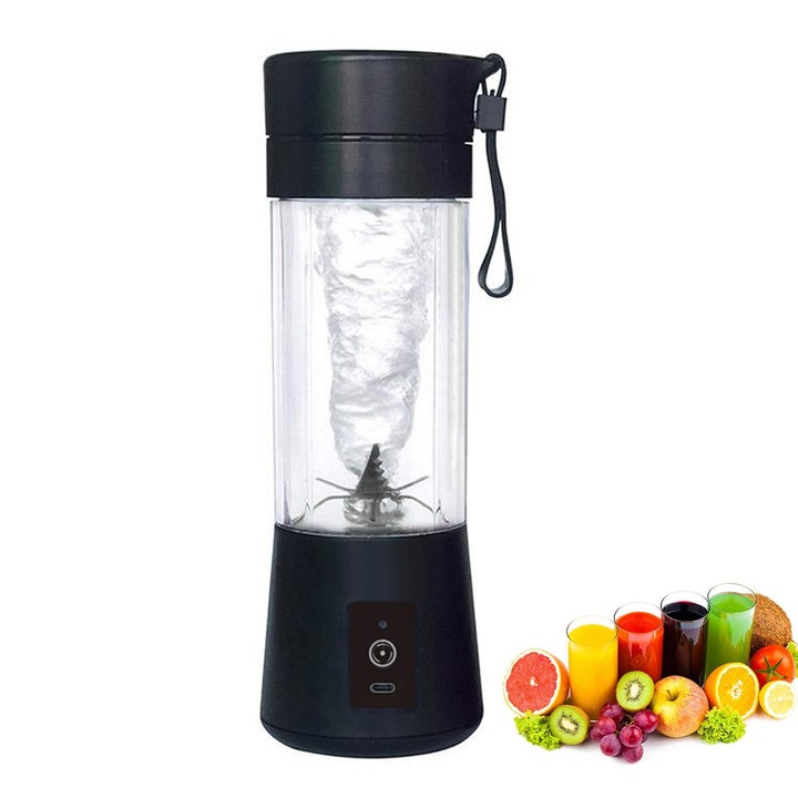 Cana portabila pentru suc, 6 lame, silentioasa, reincarcabila USB, 150W, capacitate sub 400mL, negru, 23.5x8cm