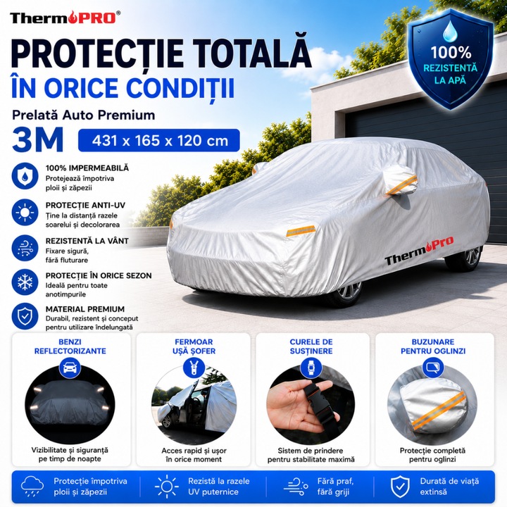 Prelata Auto ThermoPRO® Protect Master 3M, Cu Benzi Reflectorizante, Buzunare Oglinzi, Fermoar Usa Sofer, Material Premium, Husa Saculet Depozitare, 100% Rezistenta la Apa, 431 x 165 x 120, argintiu