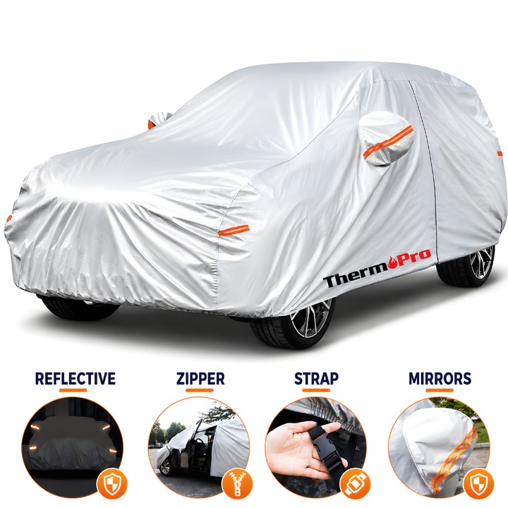 Prelata Auto ThermoPRO® Protect Master SUV YM, Cu Benzi Reflectorizante, Buzunare Oglinzi, Fermoar Usa Sofer, Material Premium, Husa Saculet Depozitare, 100% Rezistenta la Apa, 450 x 183 x 143, argintiu