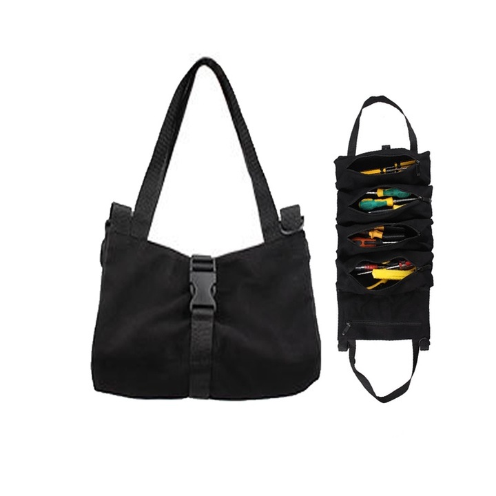 Geanta pentru scule Kravzite®, 5 buzunare, Oxford panza, colaps, Negru