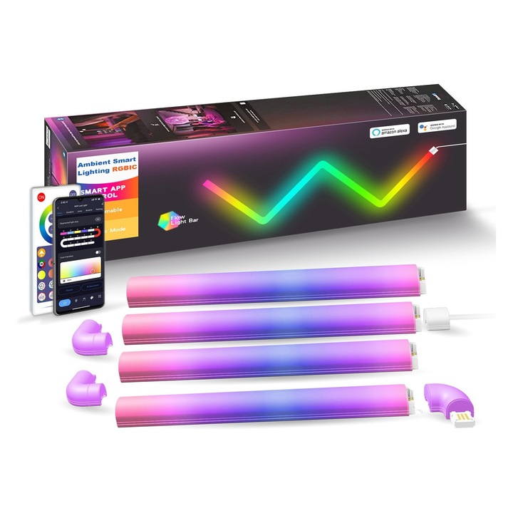 Set 4 buc bara LED RGBIC smart AxaCube®, lumina ambientala, sincronizare sonora, 3 coltare pentru conexiune, Wi-Fi, compatibil Google assistant si Alexa, control prin aplicatie dedicata si telecomanda