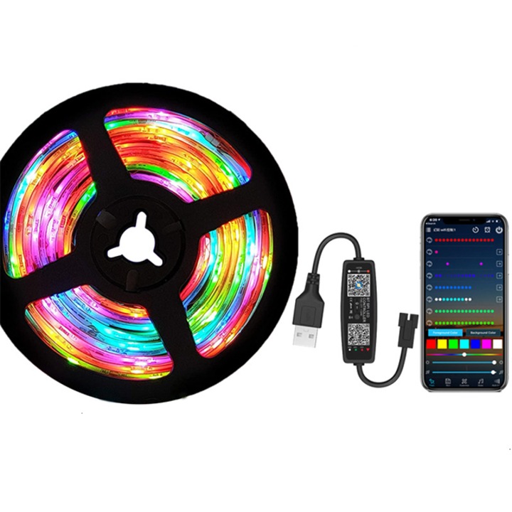 Banda Led Sovel, 5M, Sincronizare pe Ritmul Muzicii, Control din Telefon, Multicolor, Intensitate lumina reglabila