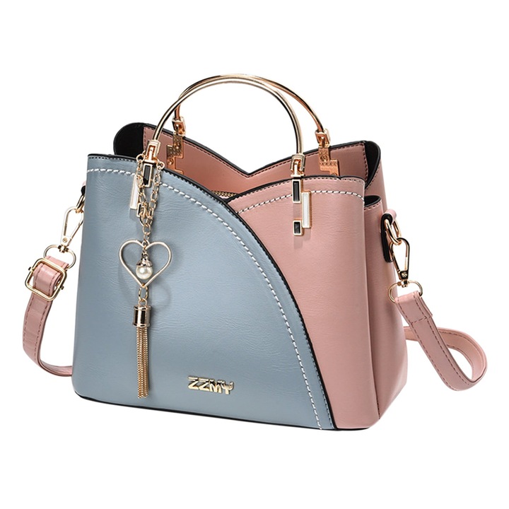 Дамска чанта през рамо, Crossbody Tote, голяма вместимост, Party Chili®, висулка с пискюл, полиестер, 23,5x11,5x19 см, Розово/Син, Единичен размер