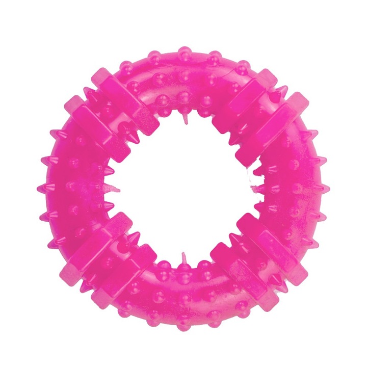 Jucarie din cauciuc eco pentru caini, forma de Inel cu Tepi, 9 cm, roz