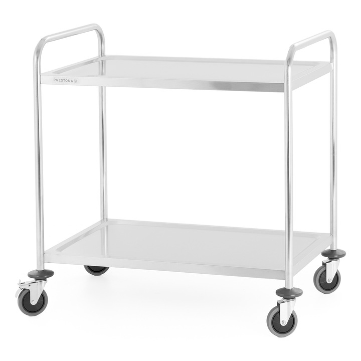 Carucior de servire cu 2 rafturi TECHNICA, otel inoxidabil, 86x54x94 cm, pentru gastronomie, sarcina maxima 100kg, cu 4 roti pivotante, inox