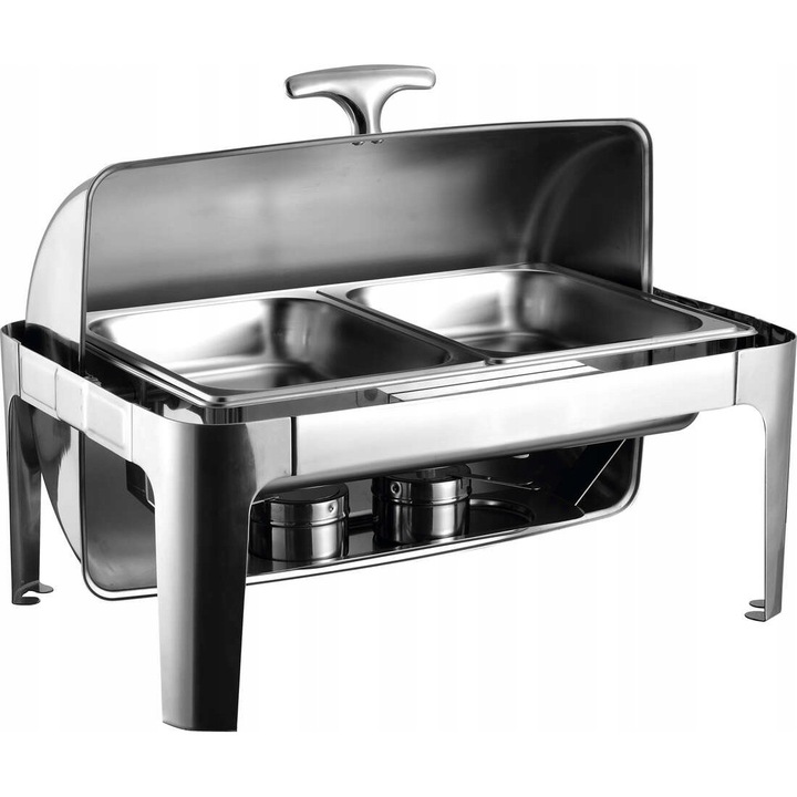 Chafing dish cu capac Roll-Top, PRESTONA, servire bufet, gastronorm 2xGN 1/2, 2x4 l, 63,5x45,5x44 cm, otel inoxidabil, suporti de combustibil, dreptunghiular, inox