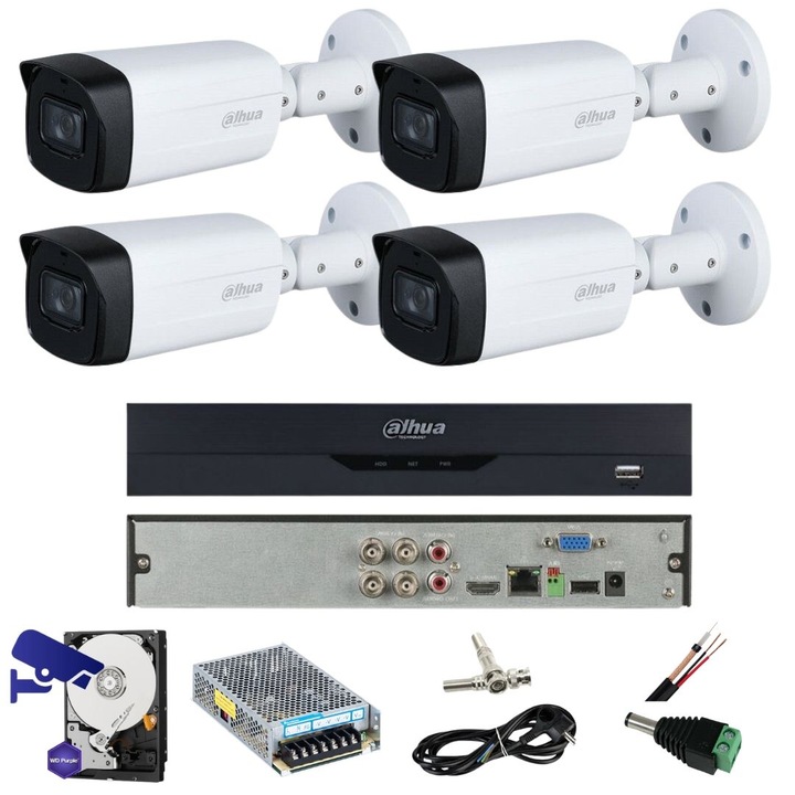 Felügyeleti rendszer 4 kamera 5 Megapixelek IR 80M 3,6 mm objektív Starlight DVR Dahua 4 csatornás 5 MP Tartozékok