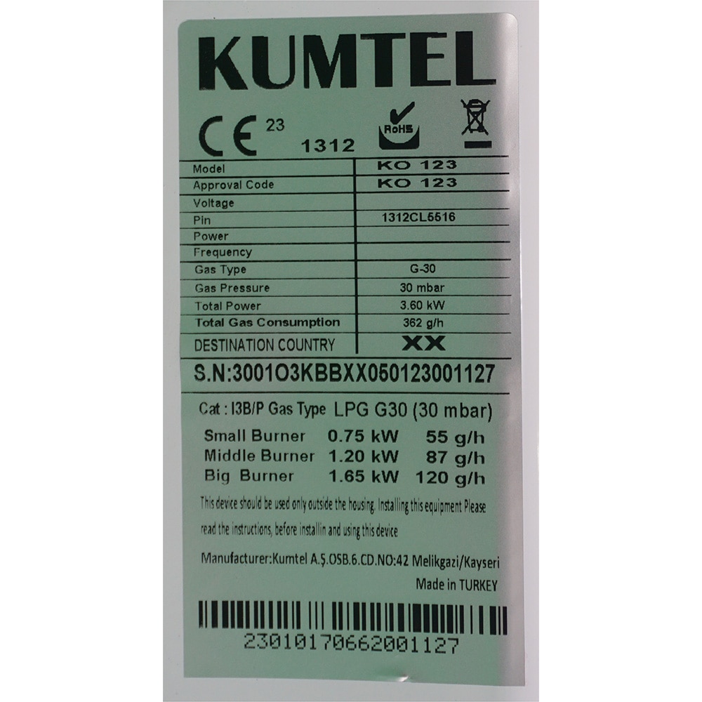 Aragaz cu 3 arzatoare GPL butelie kumtel alb