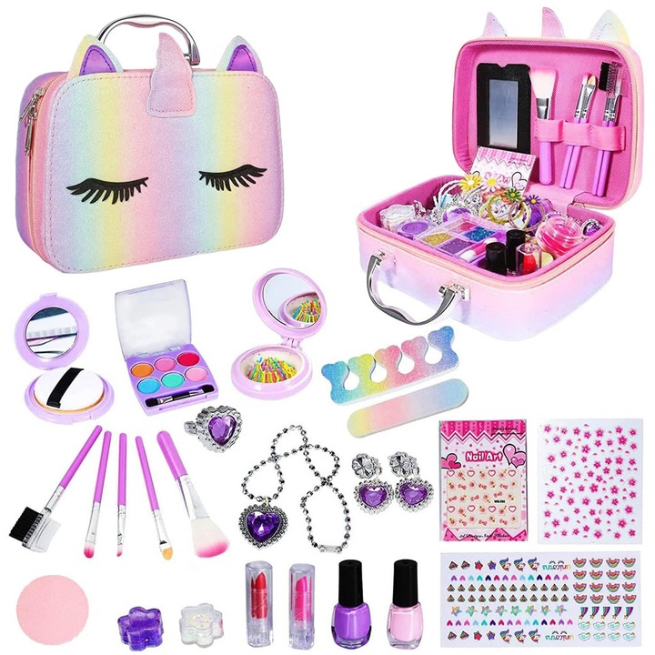 Set make up pentru fetite Trusa Happy Unicorn SOLTOY®, Cutie de depozitare, Lantisor, Cercei, Inel, Farduri, Rujuri, Lacuri de unghii, Oglinda si multiple accesorii