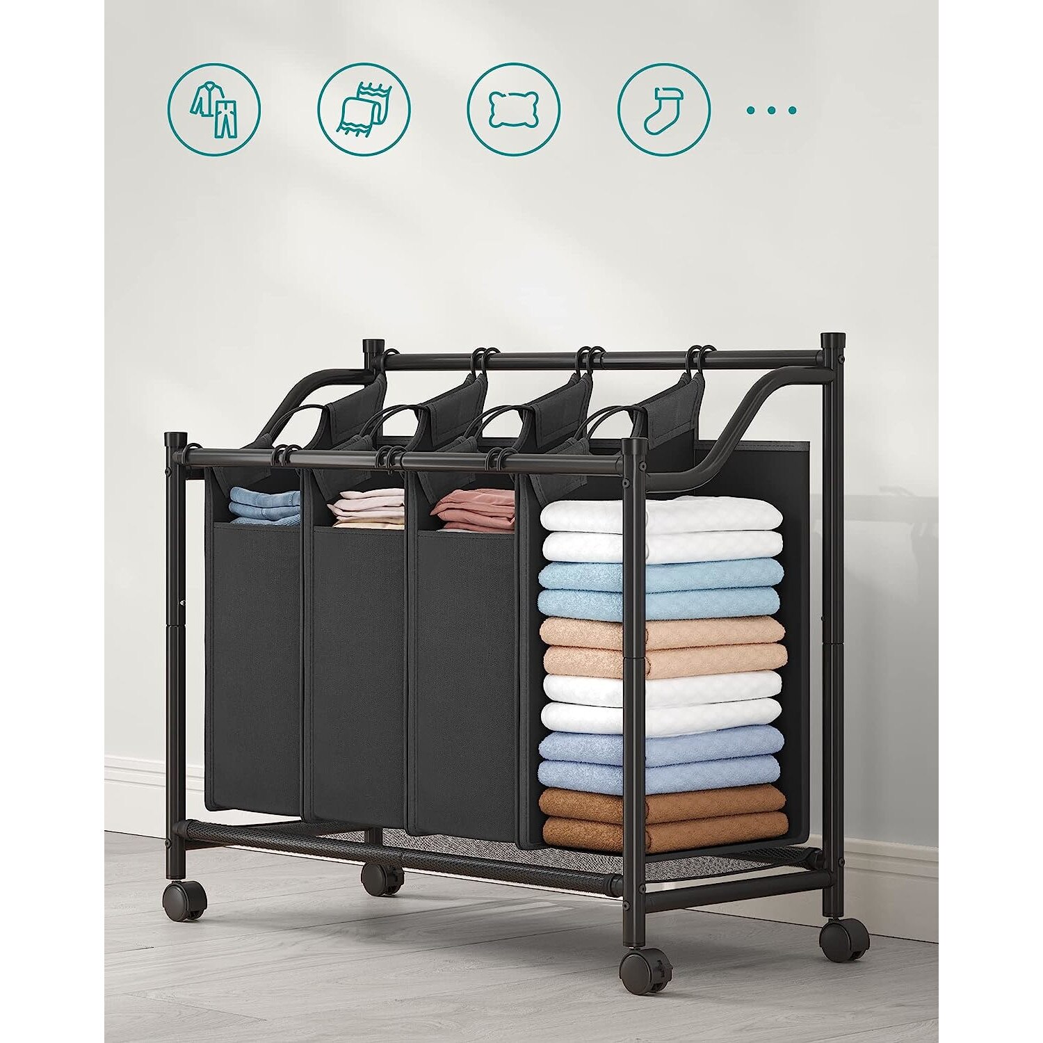 Cos de rufe cu 4 compartimente detasabile, portabil cu 4 roti, 4 x 35 L ...