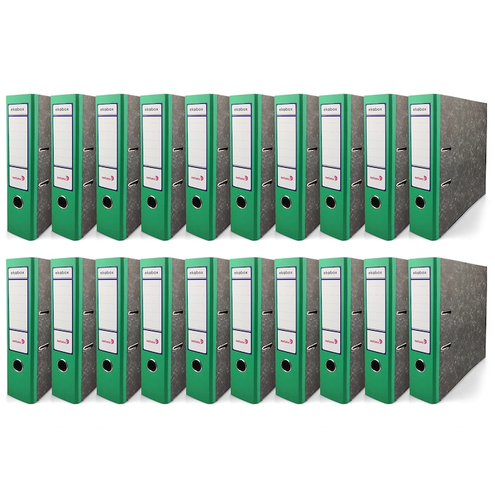 Set biblioraft, Netuno, A4, Ekobox, 75 mm, 20 Bucati, Fabricat din carton, cu levier, Pentru birou si scoala, Cu mecanism metalic, Premium calitate, Rezistent si Durabil, Verde marmorat