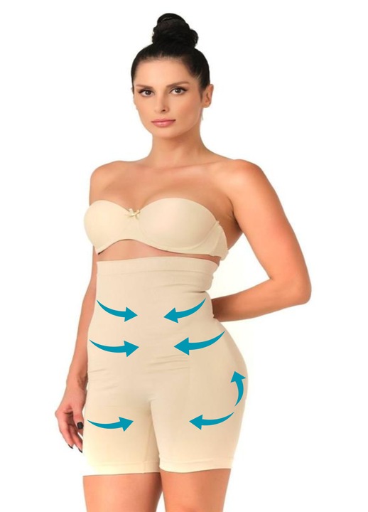 Pantaloni scurti modelatori dama cu talie foarte inalta, cu banda siliconata la talie, fara cusaturi, microfibra, nude, L