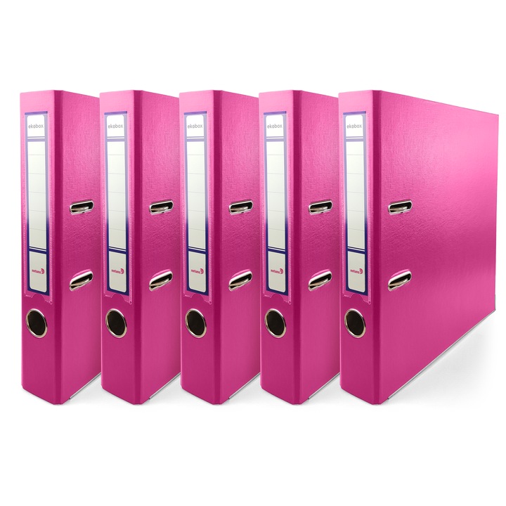 Set biblioraft, Netuno, A4, Ekobox, 50 mm, Fabricat din carton, cu levier, Pentru birou si scoala, Cu mecanism metalic, Roz, 5 buc