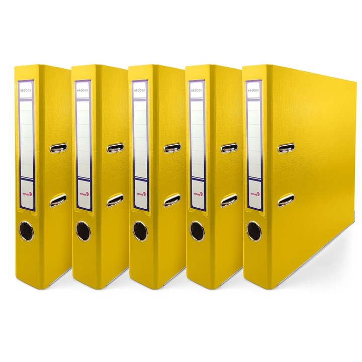 Set biblioraft, Netuno, A4, Ekobox, 50 mm, 5 Bucati, Fabricat din carton, cu levier, Pentru birou si scoala, Cu mecanism metalic, Premium calitate, Rezistent si Durabil, Galben
