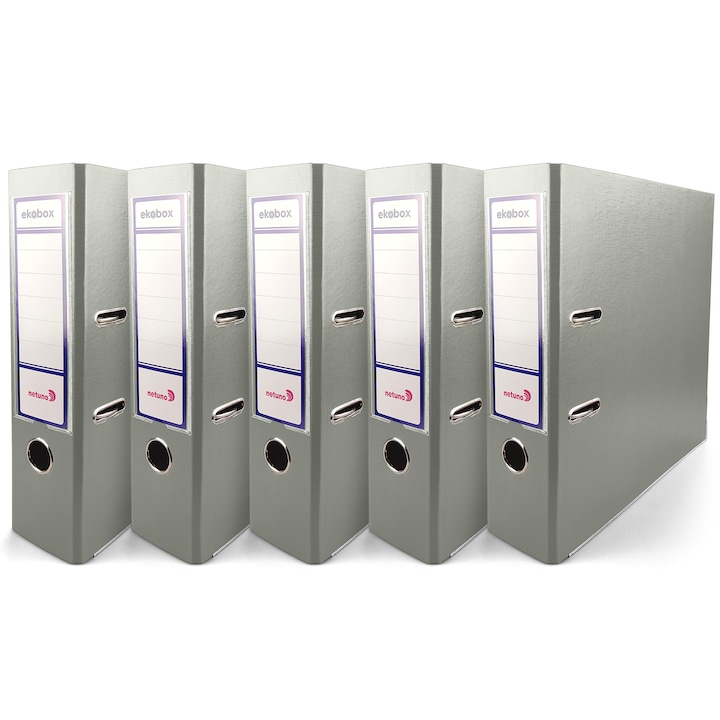 Set biblioraft, Netuno, A4, Ekobox, 80 mm, Fabricat din carton, cu levier, Pentru birou si scoala, Cu mecanism metalic, Gri, 5 buc