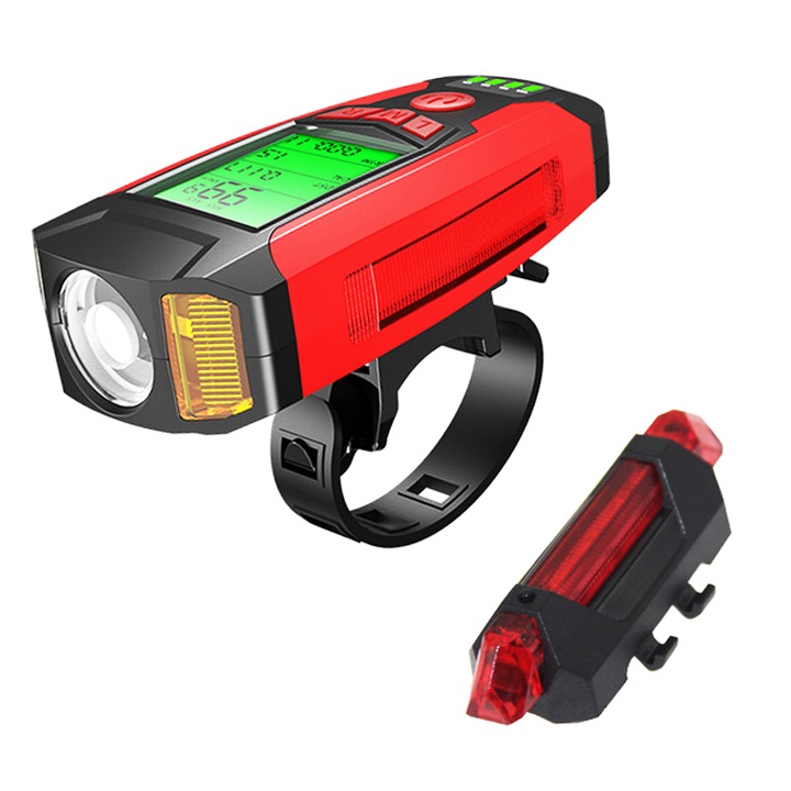 LED kerékpár lámpák, SDLOGAL, 350lm, kerékpáros számítógéppel, sebesség, távolság kijelző, beépített kürt, 1500mAH, USB újratölthető, vízálló, piros