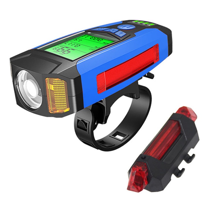LED велосипедни светлини, SDLOGAL, 350lm, с велокомпютър, скорост, дистанция, вграден клаксон, 1500mAH, USB акумулаторни, водоустойчиви, сини