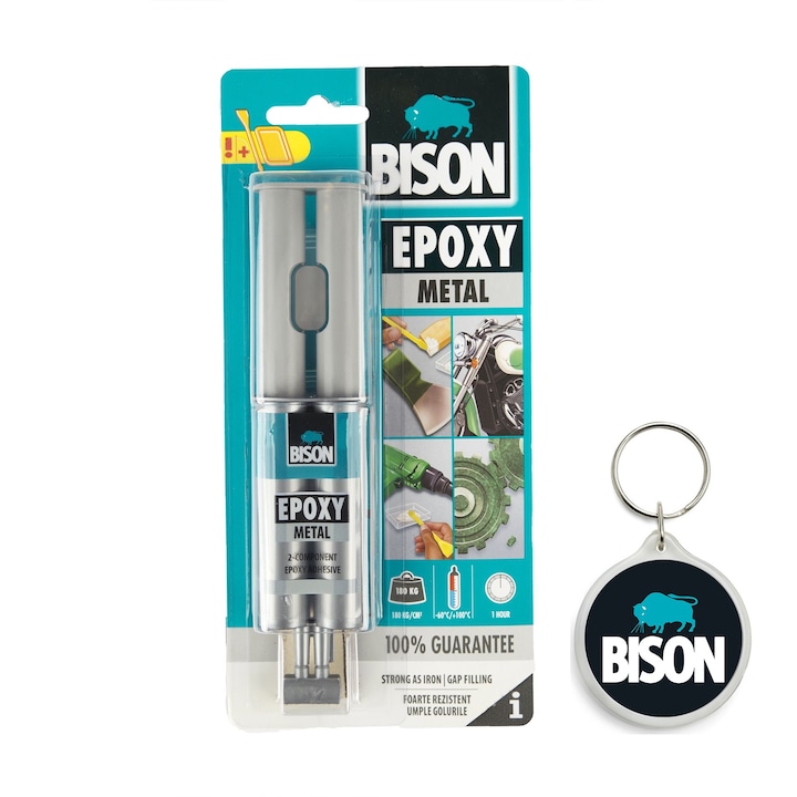 Set adeziv Epoxy de reparare pentru metal, 2 x 12 ml si breloc Bison, gri
