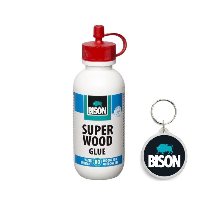 Set adeziv Super Wood de constructii pentru lemn, clasa D3, 75 g si breloc Bison, transparent