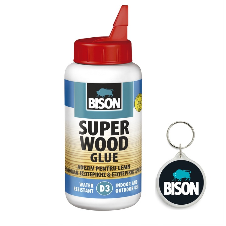 Set adeziv de constructii pentru lemn, clasa D3, 750 g si breloc Bison, transparent