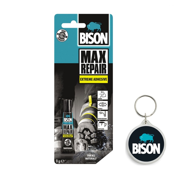 Set adeziv Max Repair de reparare 8 g si breloc Bison, transparent