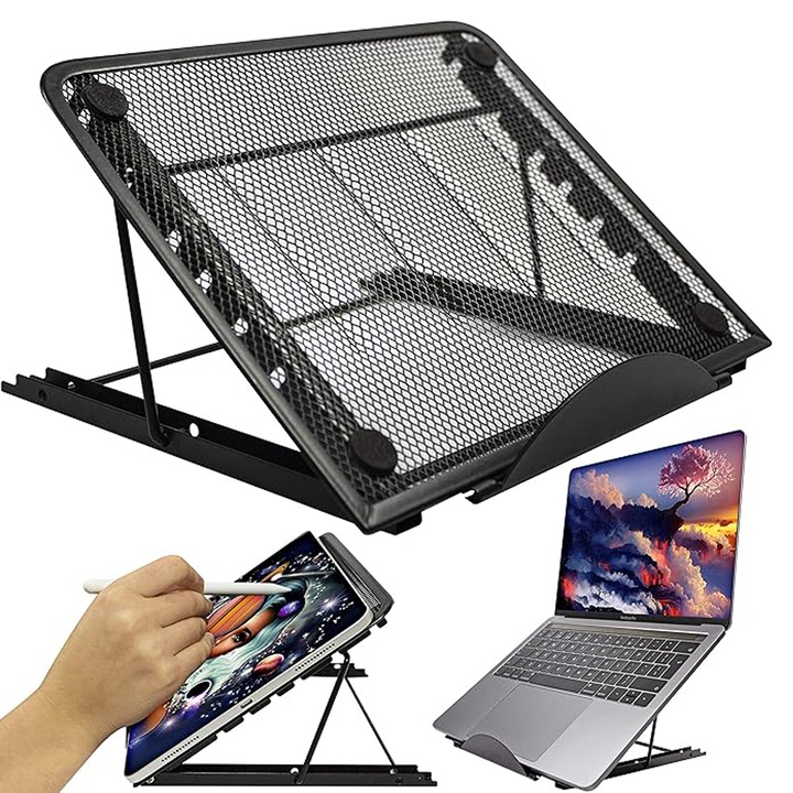 Suport pentru laptop, BOMSTOM, 6 trepte reglabile, pliabil, anti-alunecare, cu plasa de ventilatie, stabil si durabil，portabil, pentru calculator de 7-17 inci, potrivit pentru munca, acasa, birou ，24 * 19 cm / 9.45 * 7.45 inch，negru