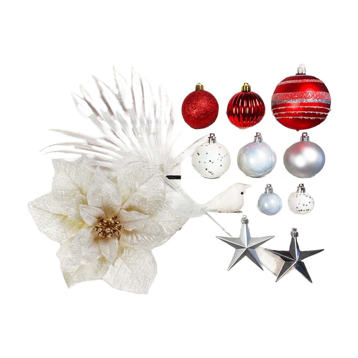 Set decoratiuni Craciun, rosu, 133 piese, pentru brad 120-210 cm