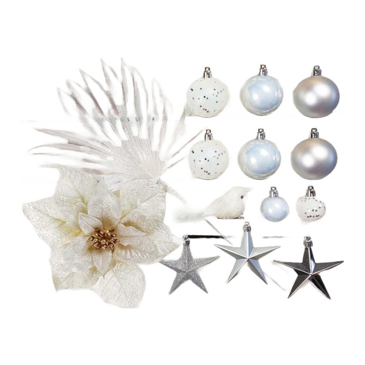 Set ornamente Craciun, 109 piese, Argintiu/Alb, pentru brazi 120-210cm