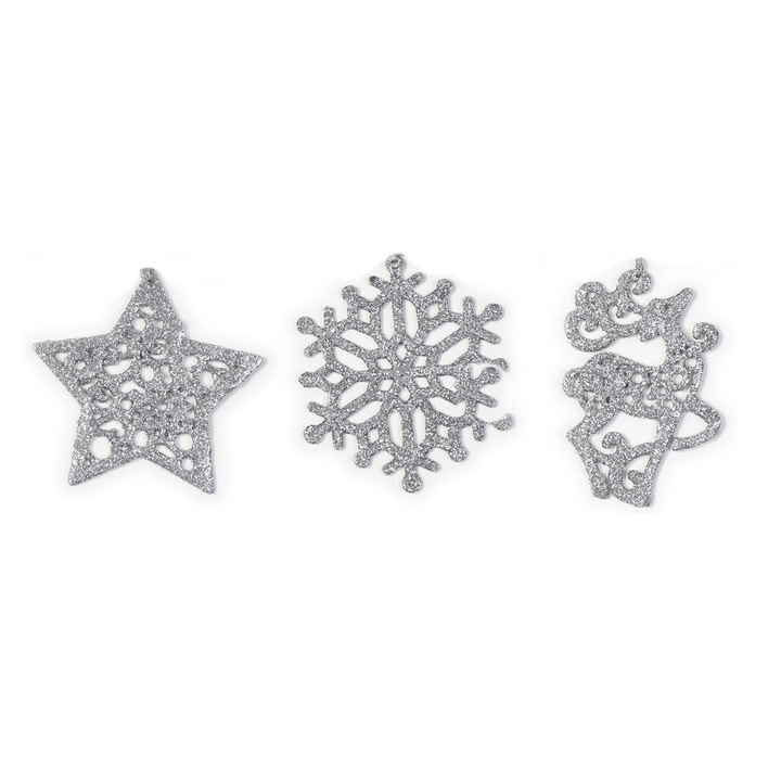 Set 3 ornamente de Craciun, Plastic, 10 cm, Argintiu