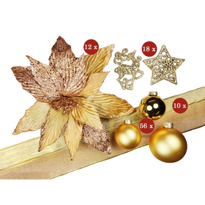 Set ornamente Craciun, multicolor, 142 piese, auriu, pentru brazi 240-270cm