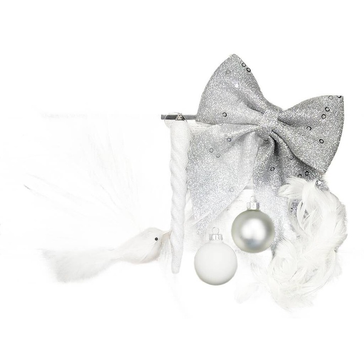 Set decoratiuni Craciun, WINTER JOY, 70 piese, alb, argintiu, 30x5m