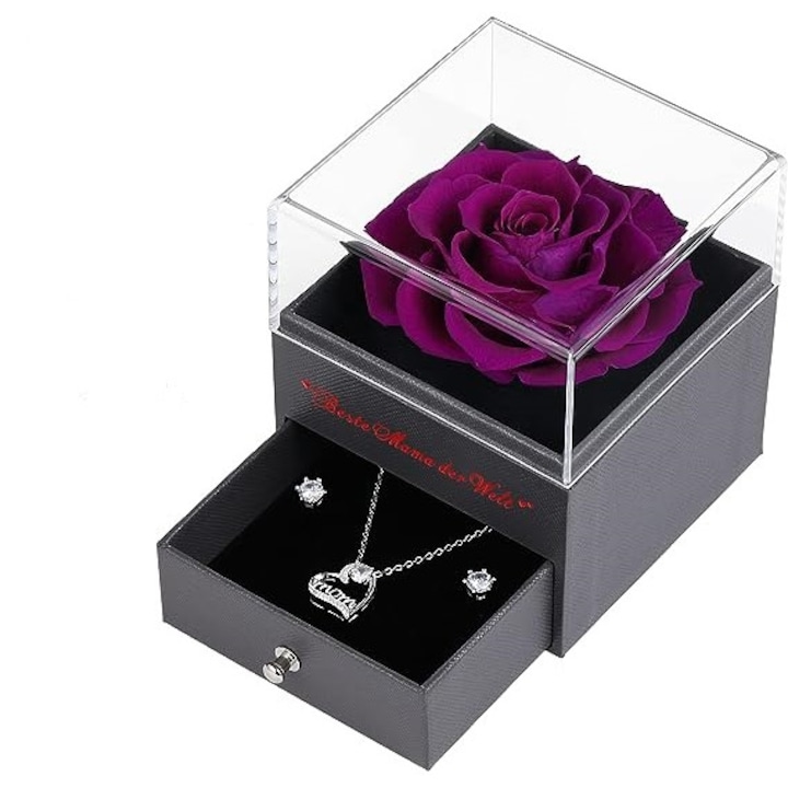 Szappanrózsa szett, fülbevaló és lánc anyu medállal, ékszertároló doboz fiókkal, táska mellékelve